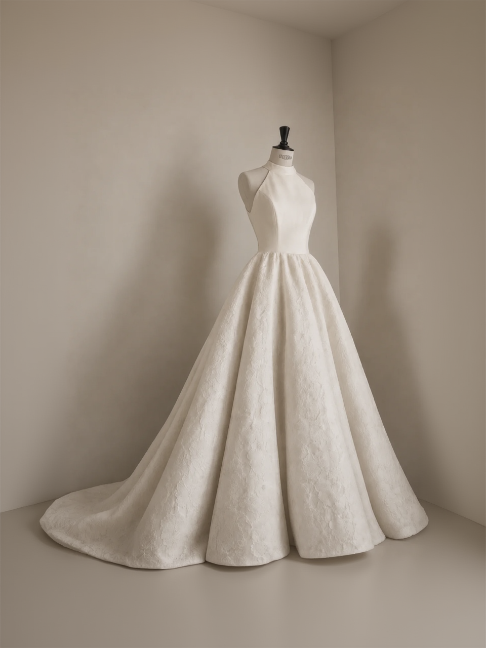 Vestido de novia artesanal del atelier a medida de Zinnia Brand, diseño en mikado y brocado floral con cuello halter y falda amplia. Creación exclusiva de alta costura nupcial confeccionada en Asturias, inspirada en la elegancia contemporánea y la artesanía.
