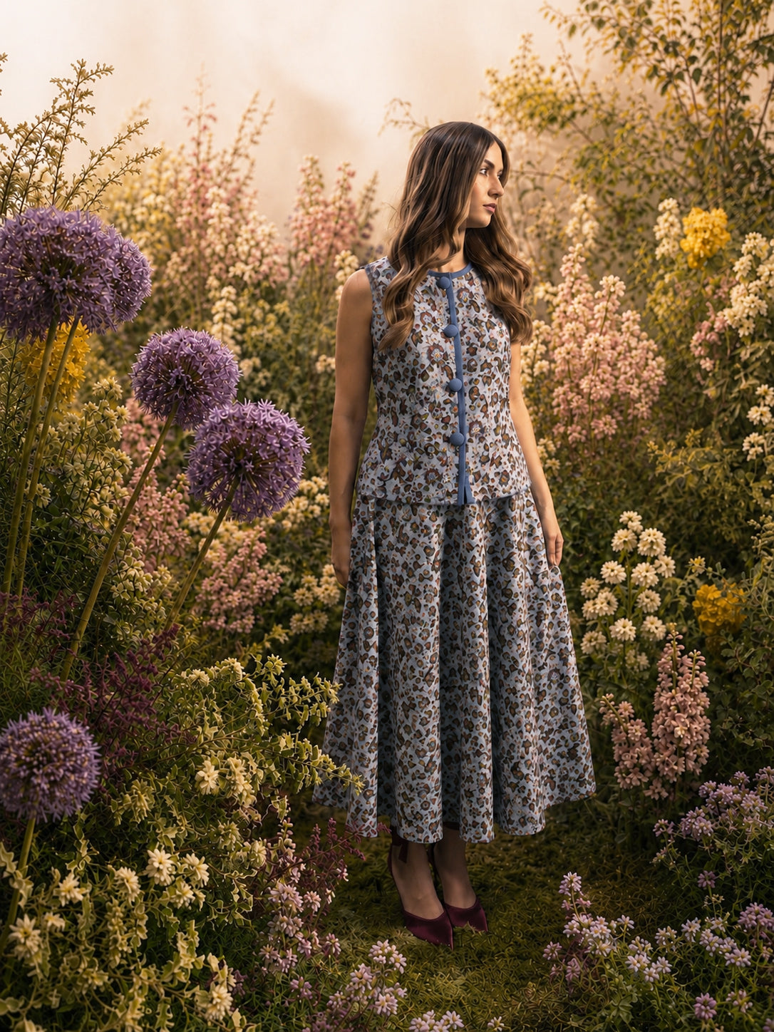 Conjunto de invitada de la colección Florescencia Primavera Verano 2026 de Zinnia Studio con falda midi de vuelo en tejido de algodón en azul celeste con flores orientales. Look elegante para bodas con diseño exclusivo y estilo sofisticado