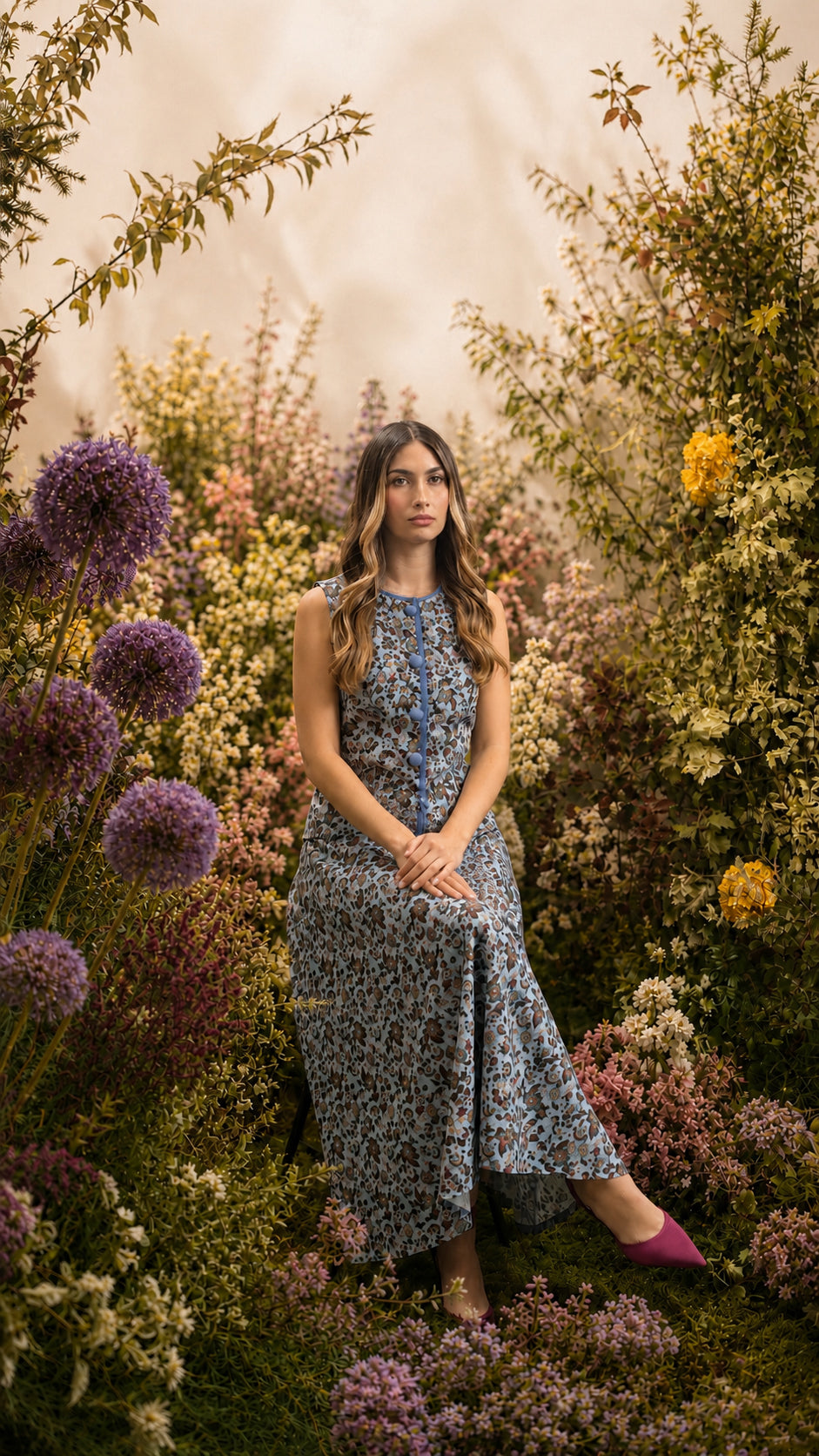 Conjunto de invitada de la colección Florescencia Primavera Verano 2026 de Zinnia Studio con falda midi de vuelo en tejido de algodón en azul celeste con flores orientales. Look elegante para bodas con diseño exclusivo y estilo sofisticado