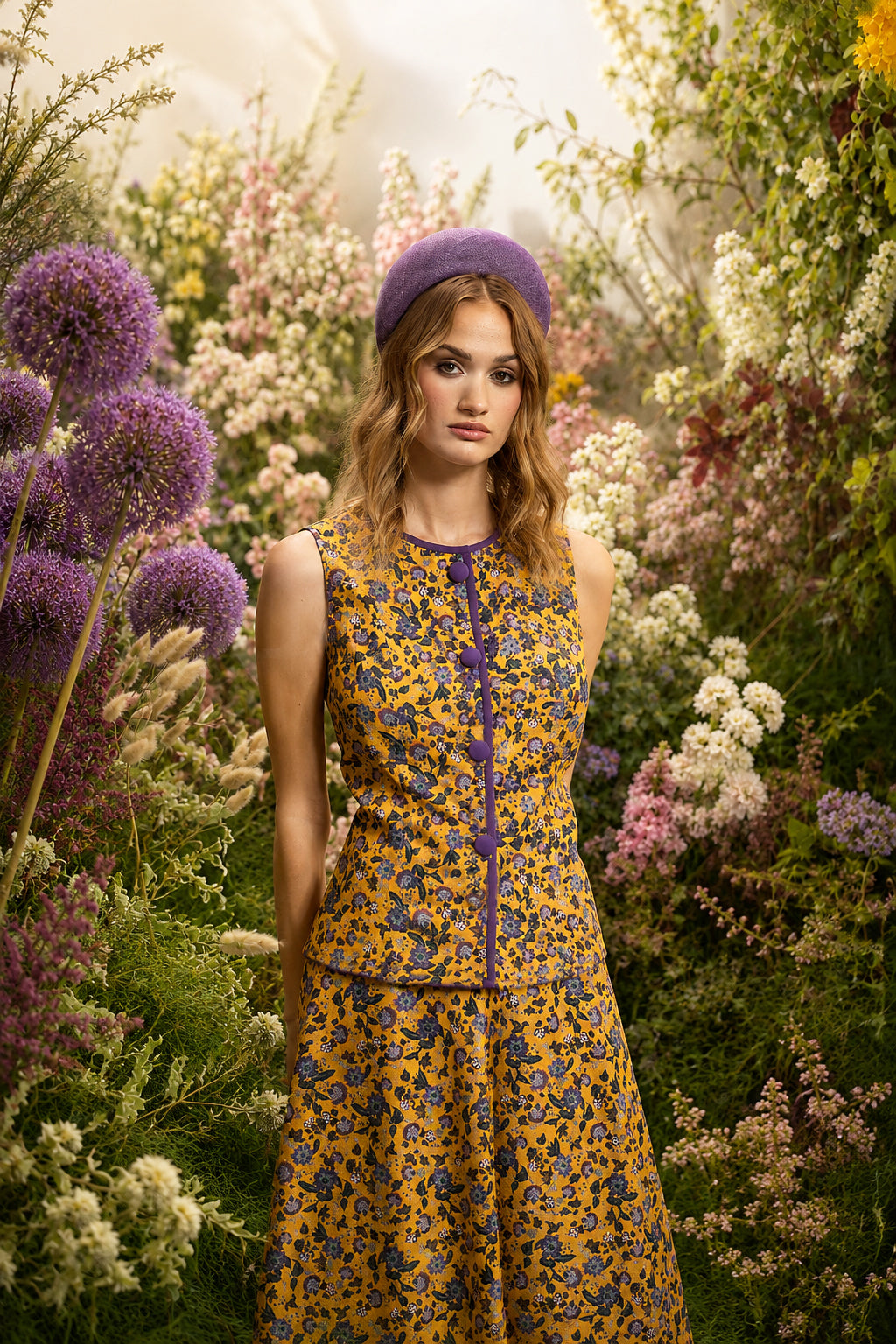 Conjunto de invitada de la colección Florescencia Primavera Verano 2026 de Zinnia Studio con falda midi de vuelo en tejido de algodón amarillo mostaza con flores orientales. Look elegante para bodas con diseño exclusivo y estilo sofisticado