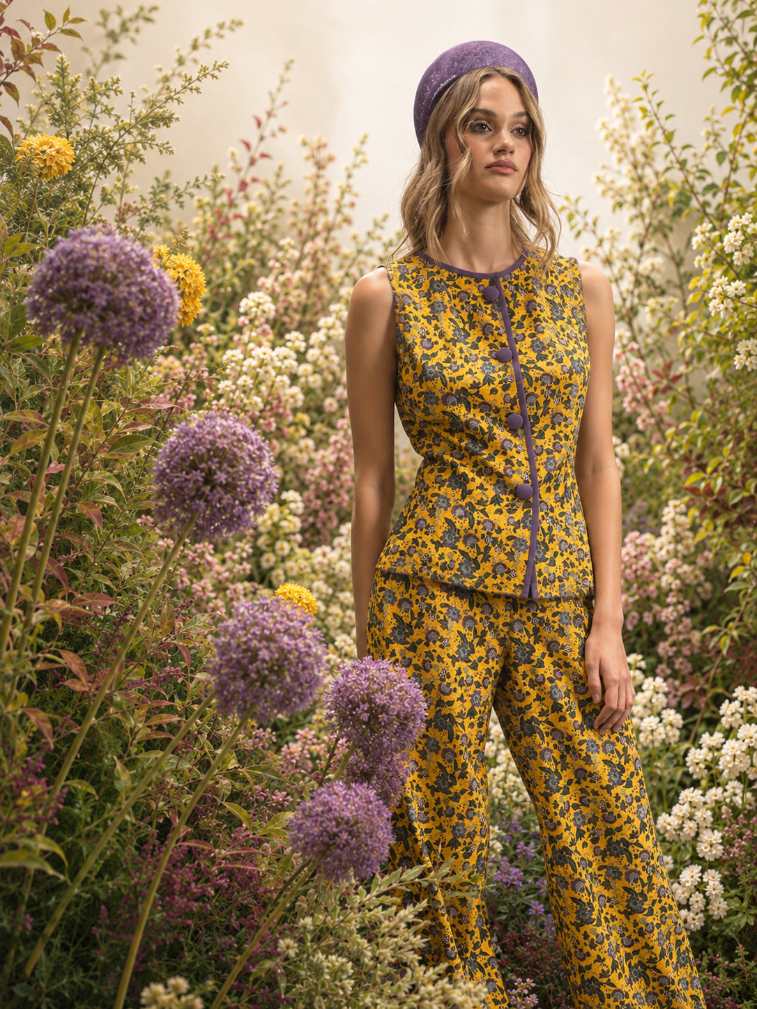Conjunto de invitada de la colección Florescencia Primavera Verano 2026 de Zinnia Studio con pantalón palazzo en tejido de algodón amarillo mostaza con flores orientales. Look elegante para bodas con diseño exclusivo y estilo sofisticado