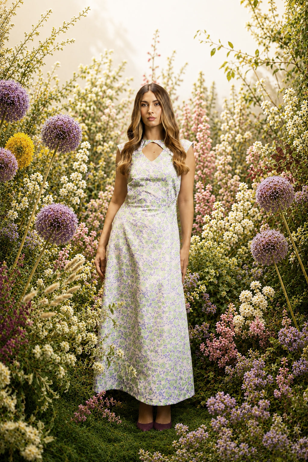 Vestido de invitada de la colección Florescencia Primavera Verano 2026 de Zinnia Studio en algodón con estampado floral en tonos lima y lavanda. Diseño midi con escote delantero, diseñado para bodas y eventos.