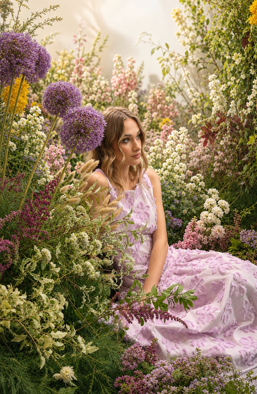 Vestido de invitada de la colección Florescencia Primavera Verano 2026 de Zinnia en jacquard con flores en relieve lila, escote cuadrado, espalda abierta y largo midi. Diseño elegante para bodas, invitadas y eventos especiales