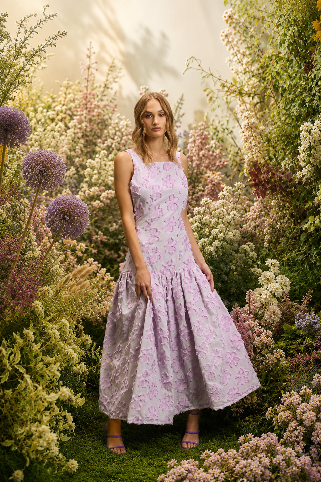 Vestido de invitada de la colección Florescencia Primavera Verano 2026 de Zinnia en jacquard con flores en relieve lila, escote cuadrado, espalda abierta y largo midi. Diseño elegante para bodas, invitadas y eventos especiales